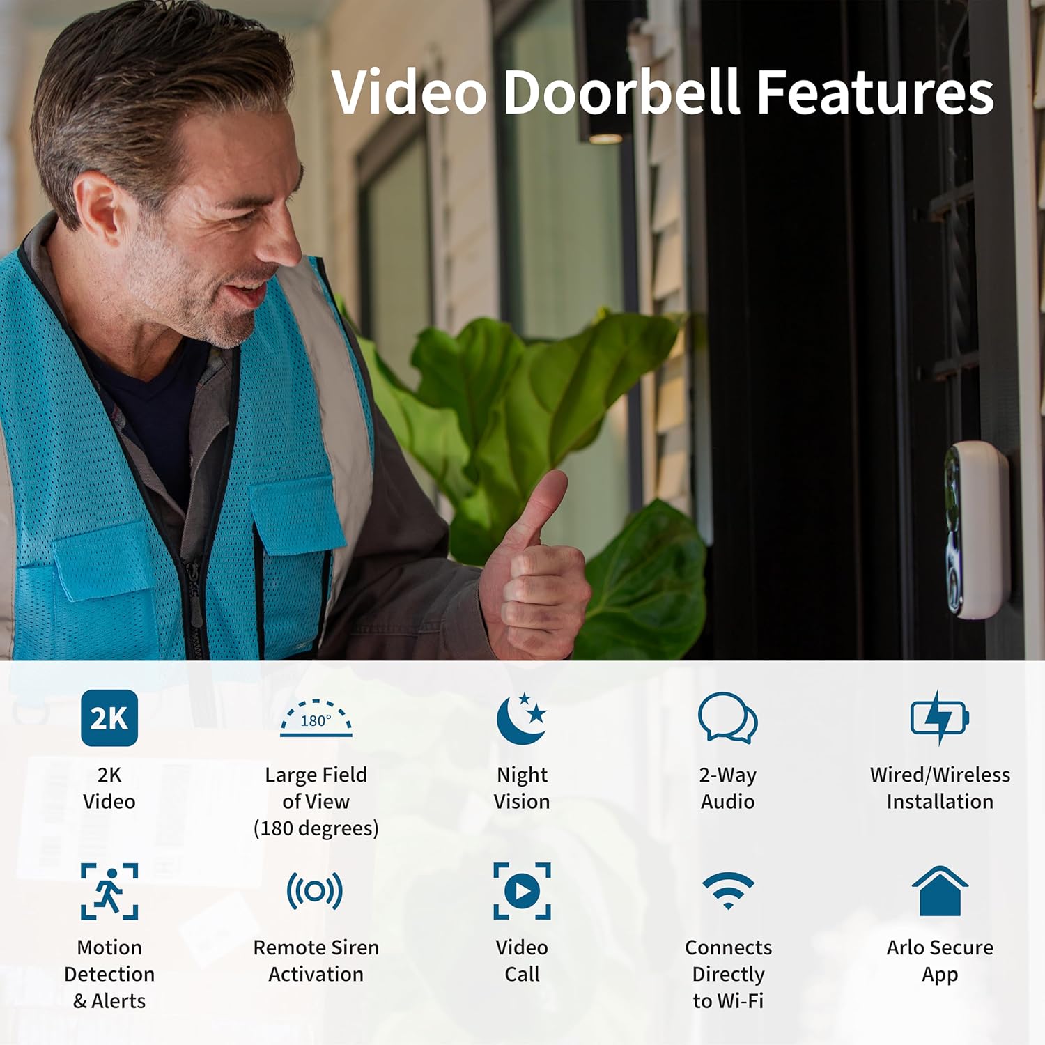 Arlo Video Doorbell 2K (2nd Gen) Wireless or Wired with Package Detection and Night Vision product photo