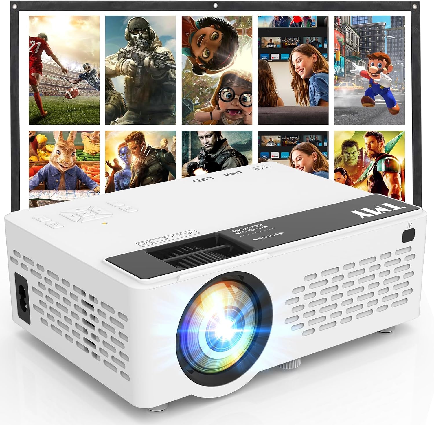 TMY 1080P Mini Portable Projector with 80-inch Screen product photo